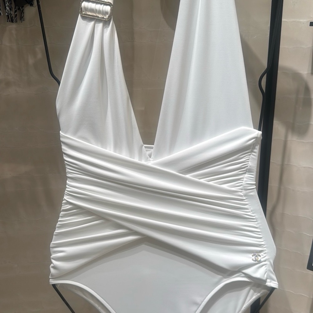 CHANEL White Ruched One-Piece Swimsuit with Plunging Neckline